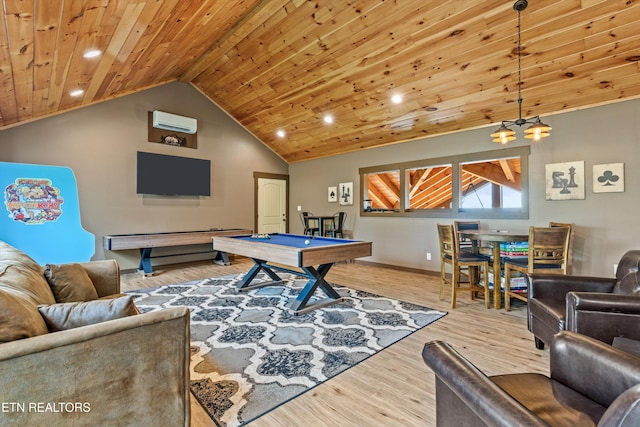 game room featuring pool table, wooden ceiling, wood finished floors, lofted ceiling, and baseboards