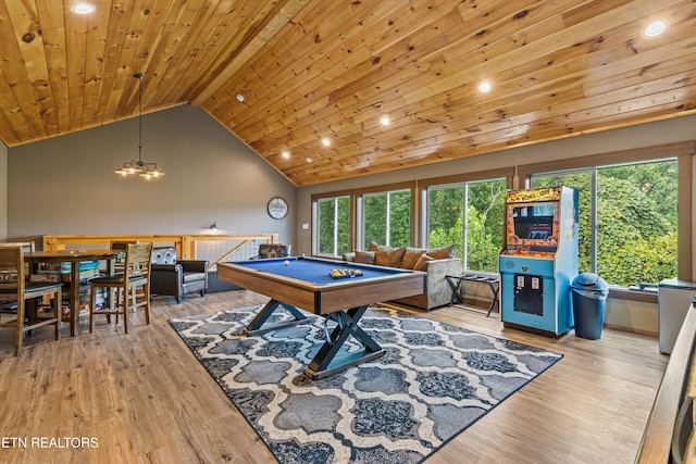 playroom featuring high vaulted ceiling, wood ceiling, billiards, and wood finished floors