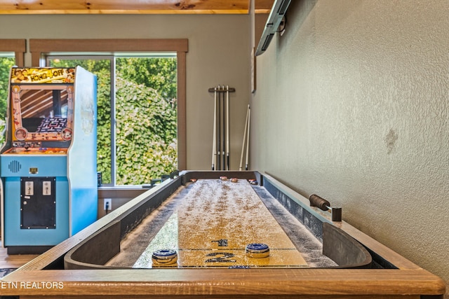 game room with a textured wall