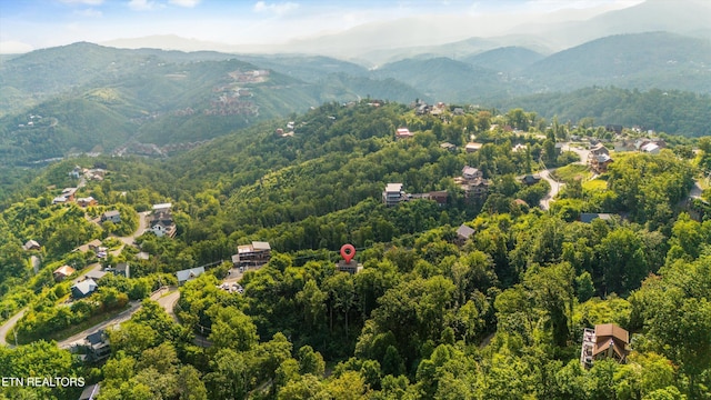 drone / aerial view featuring a wooded view and a mountain view