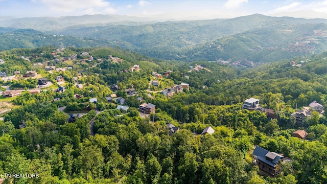 birds eye view of property featuring a wooded view and a mountain view