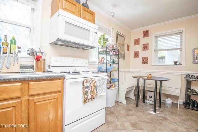 kitchen with crown molding, dark countertops, white appliances, and a wainscoted wall
