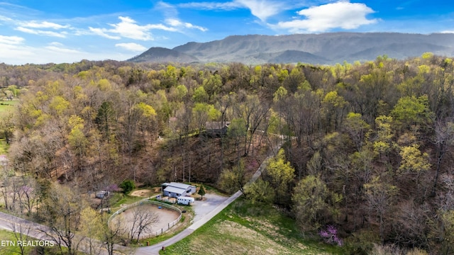 drone / aerial view featuring a view of trees and a mountain view