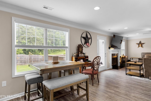 5811 Rain Cloud Rd, Knoxville, TN 37918 - dining area with healthy amount of natural light, ornamental molding, light wood finished floors, a fireplace, and recessed lighting