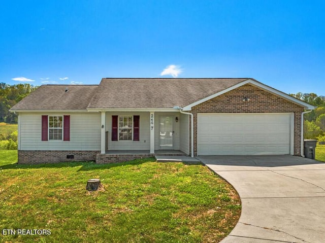 ranch-style home with a shingled roof, a garage, a front yard, covered porch, and driveway