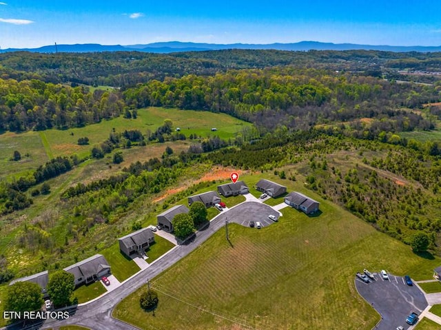 drone / aerial view with a mountain view and a forest view