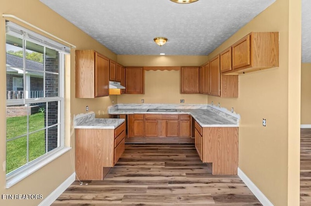 kitchen featuring under cabinet range hood, a textured ceiling, baseboards, and wood finished floors