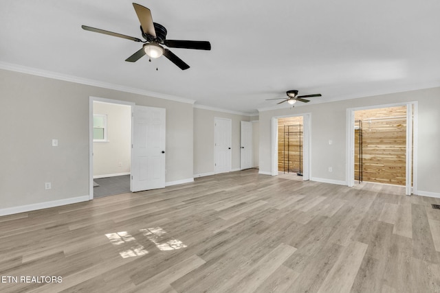 9204 Chamaeleon Trl, Harrison, TN 37341 - unfurnished living room featuring light wood-style flooring, baseboards, crown molding, and ceiling fan