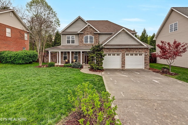 view of front of home featuring concrete driveway, an attached garage, a front yard, a porch, and a shingled roof