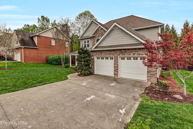 view of front of property featuring stone siding, a garage, concrete driveway, a front lawn, and roof with shingles