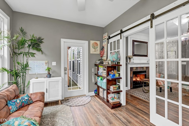living room featuring a ceiling fan, a barn door, wood finished floors, and a fireplace