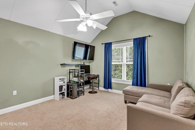 living room with ceiling fan, vaulted ceiling, visible vents, carpet floors, and baseboards
