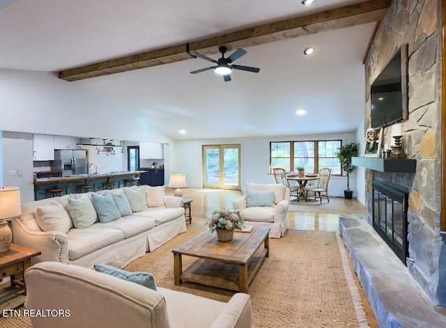 355 E Chestnut Hill Rd, Townsend, TN 37882 - living room with a ceiling fan, a stone fireplace, and recessed lighting