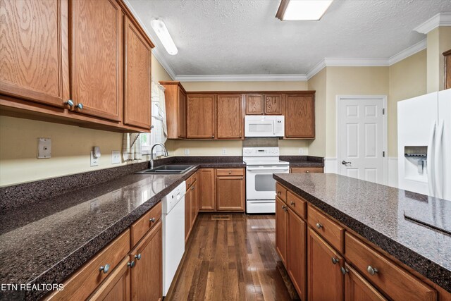 102 Chaloni Ln, Loudon, TN 37774 - kitchen with ornamental molding, white appliances, a textured ceiling, brown cabinets, and dark wood-type flooring