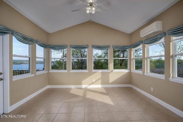 304 Coweta Ct, Loudon, TN 37774 - unfurnished sunroom with a wall mounted air conditioner, a wealth of natural light, a water view, and tile patterned flooring