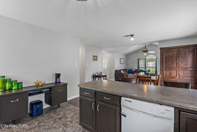 4716 Cabbage Ln, Knoxville, TN 37938 - kitchen with dark countertops, white dishwasher, dark brown cabinetry, and a ceiling fan