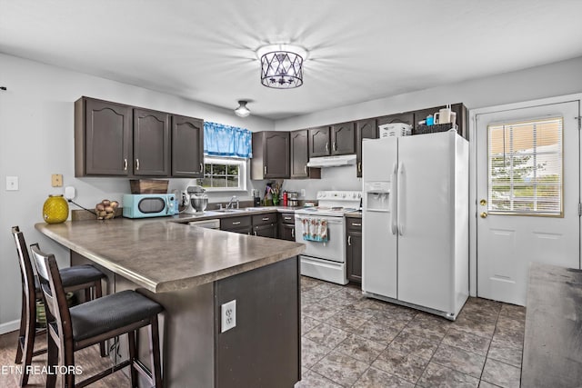 4716 Cabbage Ln, Knoxville, TN 37938 - kitchen with white appliances, a kitchen bar, a peninsula, dark brown cabinets, and under cabinet range hood