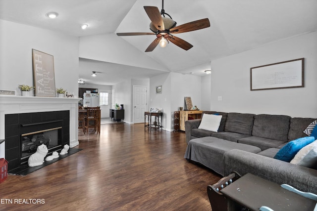 4716 Cabbage Ln, Knoxville, TN 37938 - living room with a tiled fireplace, high vaulted ceiling, a ceiling fan, and wood finished floors