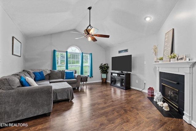 4716 Cabbage Ln, Knoxville, TN 37938 - living area with dark wood-type flooring, a fireplace with flush hearth, vaulted ceiling, and a ceiling fan