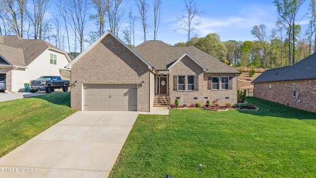 ranch-style house with brick siding, a front lawn, a garage, and driveway