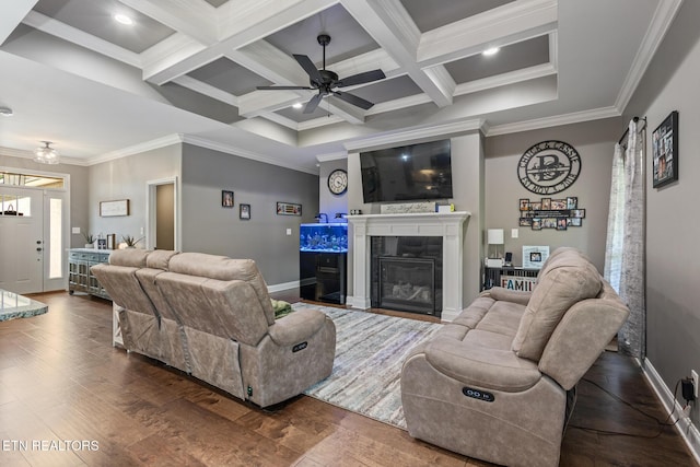 living area with coffered ceiling, dark wood-style flooring, a ceiling fan, and beam ceiling
