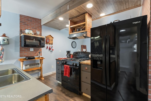 2214 Lincoln St, Knoxville, TN 37920 - kitchen featuring wood ceiling, dark wood-style floors, beam ceiling, under cabinet range hood, and black appliances