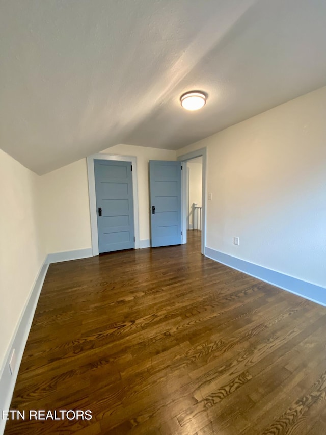 additional living space featuring dark wood-type flooring, baseboards, and vaulted ceiling