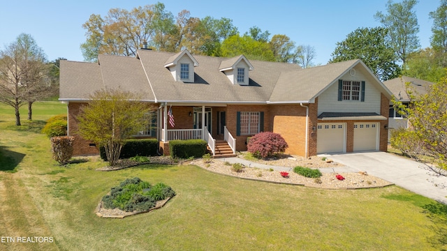cape cod-style house featuring concrete driveway, a front yard, brick siding, a garage, and covered porch