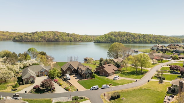 bird's eye view featuring a view of trees, a residential view, and a water view