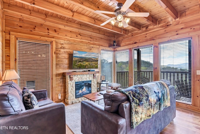 906 Black Bear Cub Way, Sevierville, TN 37862 - living room featuring wood ceiling, a fireplace, beam ceiling, light wood-type flooring, and a ceiling fan