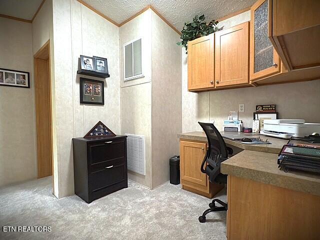 home office featuring crown molding, light colored carpet, and visible vents