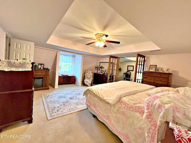 130 Hillview Rd, Ten Mile, TN 37880 - carpeted bedroom with a raised ceiling, french doors, and ceiling fan