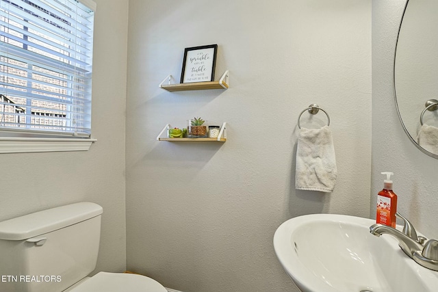 bathroom with a textured wall, a sink, and toilet