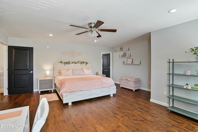 bedroom featuring baseboards, recessed lighting, wood finished floors, and a ceiling fan