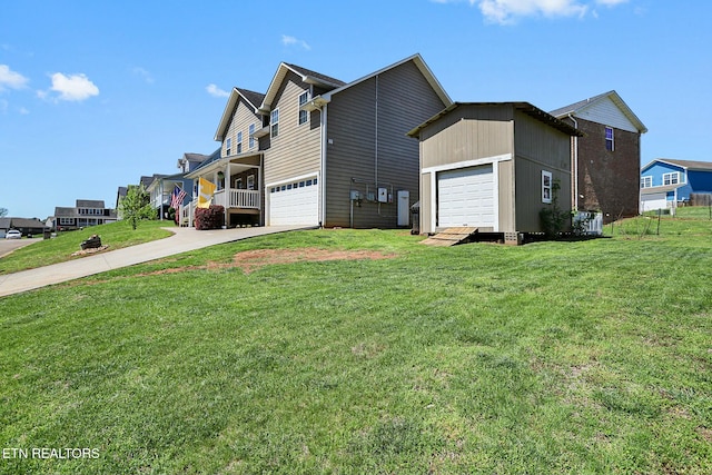 view of home's exterior featuring a garage, a lawn, and concrete driveway