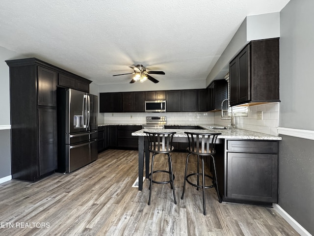 kitchen featuring tasteful backsplash, a sink, ceiling fan, a peninsula, and stainless steel appliances