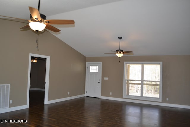 1382 Pilgrim Dr, Grimsley, TN 38565 - unfurnished living room with baseboards, visible vents, ceiling fan, lofted ceiling, and wood finished floors