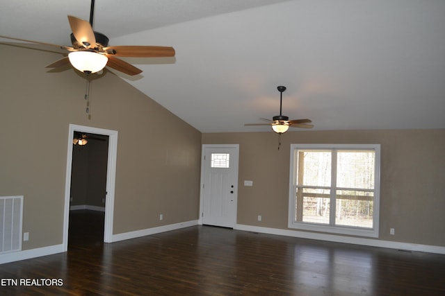 1382 Pilgrim Dr, Grimsley, TN 38565 - unfurnished living room with visible vents, baseboards, a ceiling fan, vaulted ceiling, and wood finished floors