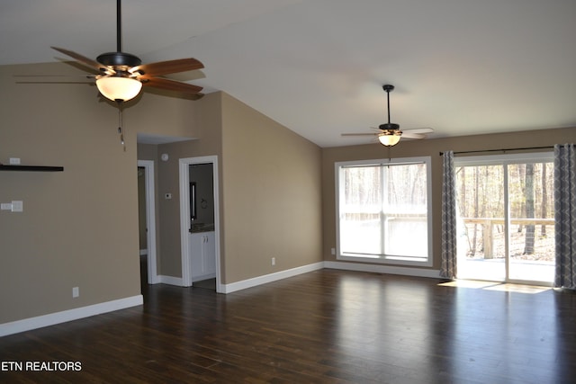 1382 Pilgrim Dr, Grimsley, TN 38565 - unfurnished living room with dark wood-type flooring, baseboards, a ceiling fan, and lofted ceiling