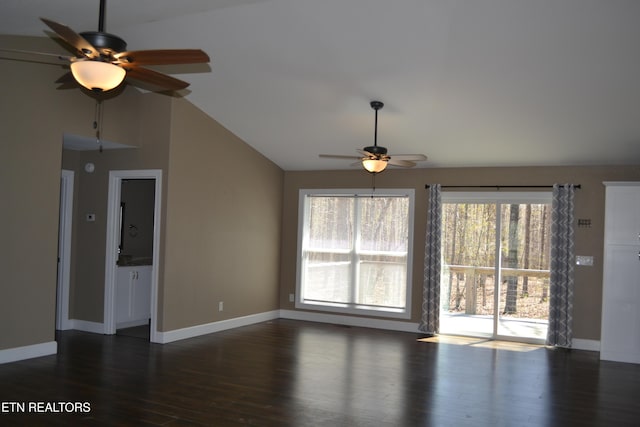1382 Pilgrim Dr, Grimsley, TN 38565 - unfurnished living room with ceiling fan, baseboards, lofted ceiling, and dark wood-style flooring