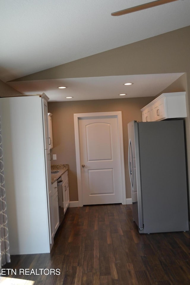 1382 Pilgrim Dr, Grimsley, TN 38565 - kitchen featuring dark wood finished floors, white cabinetry, recessed lighting, and stainless steel appliances