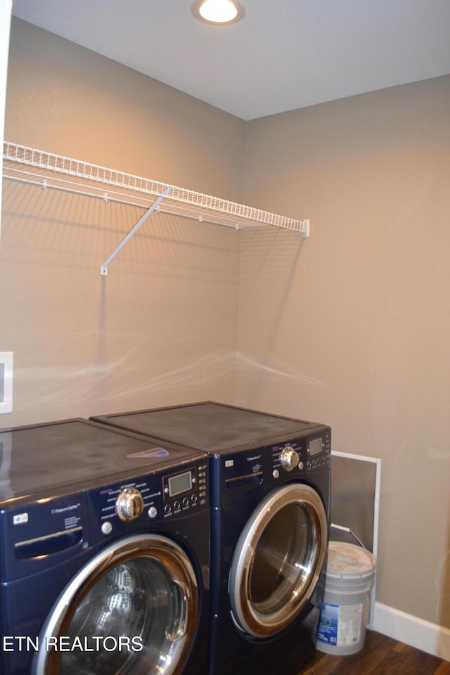 1382 Pilgrim Dr, Grimsley, TN 38565 - washroom with baseboards, wood finished floors, separate washer and dryer, and laundry area