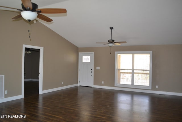 1382 Pilgrim Dr, Grimsley, TN 38565 - unfurnished living room with visible vents, baseboards, ceiling fan, vaulted ceiling, and wood finished floors