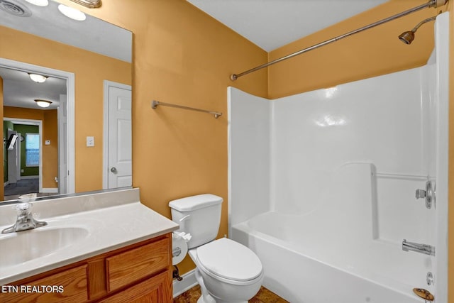 full bath with vanity, shower / bathtub combination, visible vents, and toilet