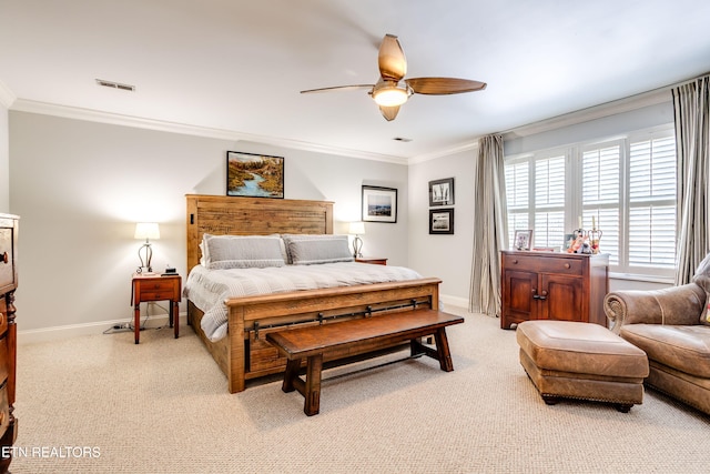 3835 SW Keowee Ave, Knoxville, TN 37919 - bedroom featuring visible vents, baseboards, ceiling fan, crown molding, and light carpet