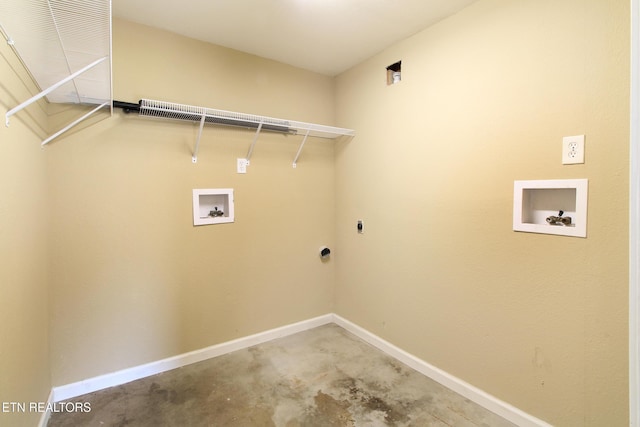 laundry room with baseboards, electric dryer hookup, hookup for a washing machine, and laundry area