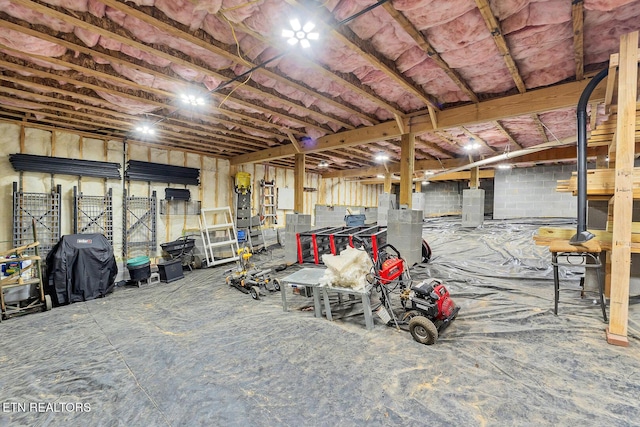 below grade area featuring concrete block wall