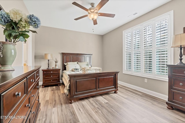 bedroom featuring visible vents, light wood-type flooring, multiple windows, and baseboards