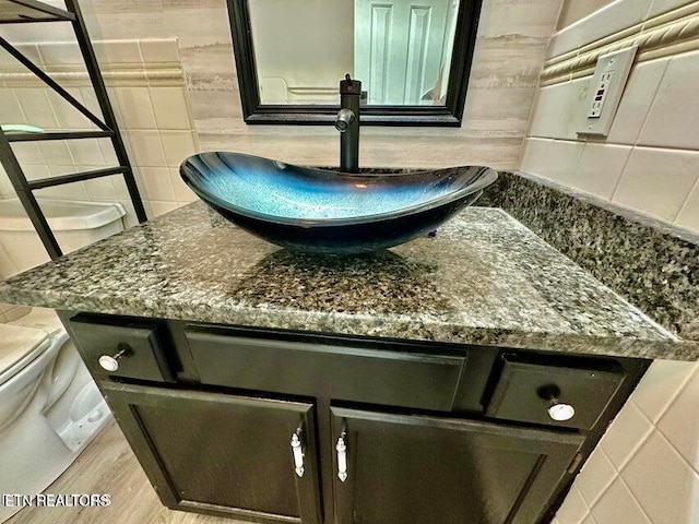 room details with vanity, wood finished floors, and decorative backsplash