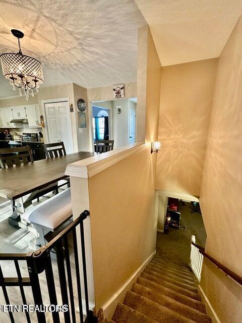 stairs featuring baseboards and a textured ceiling